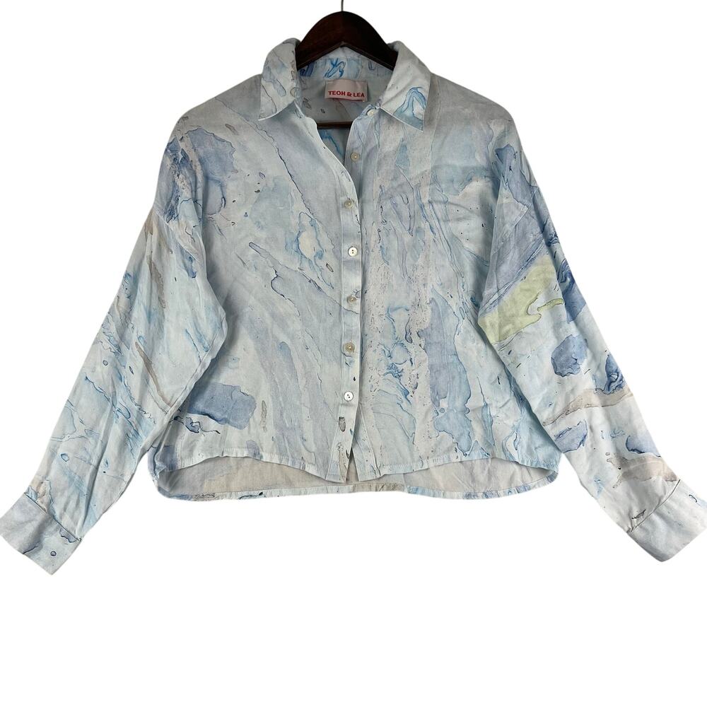 Teoh & Lea WMNS Button Down Blouse Flowy Abstract Watercolor Print SZ Medium EUC